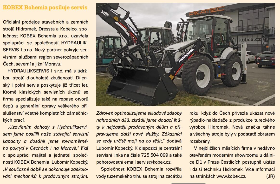 KOBEX posiluje servis strojů - Hidromek, Kato, Okada * KOBEX